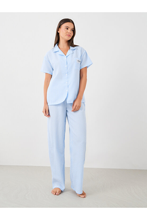 Striped Collared Short Sleeve Shirt and Pyjama Set