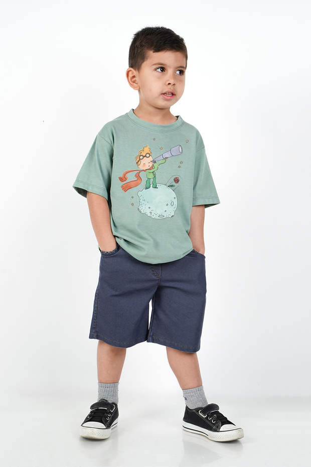 Boy's Little Prince Printed Combed Cotton 2-Piece Bottom Top Elastic Waist Denim Shorts T-Shirt Set