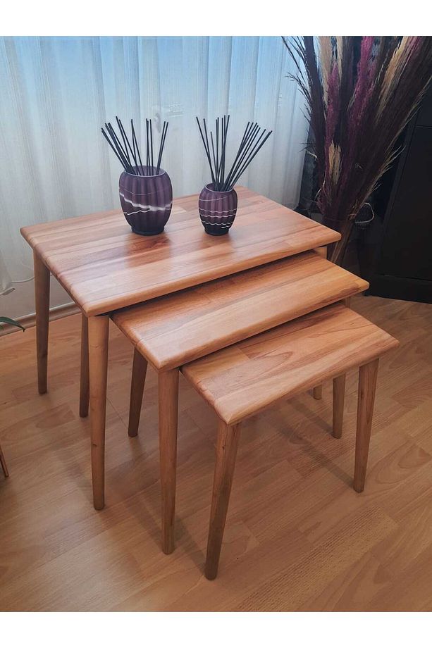 Masif Doğal Ahşap 3'lü Zigon Sehpa Set, Modern Masif Yan Sehpa - 3