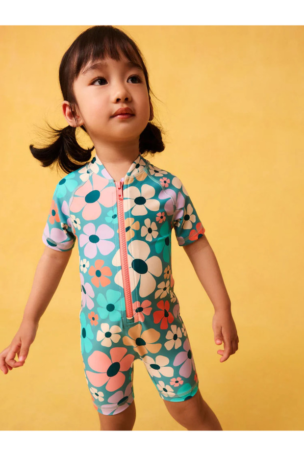 Sun Proof Upf50 One Piece Multi Color Pastel Floral Print Swimsuit with Sleeves Alyf66544
