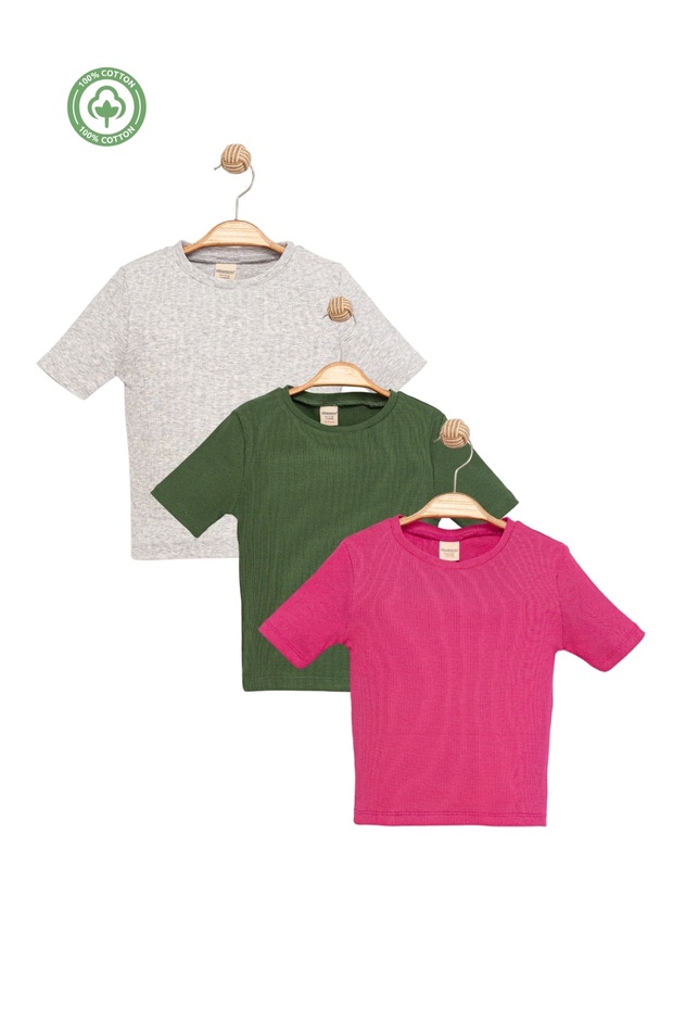 Girl's 3-Pack Ribbed Crew Neck 100% Cotton Short Sleeve T-Shirt
