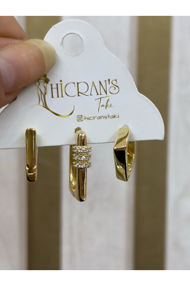 TAŞLI DİKDÖRTGEN MODEL ÜÇLÜ SET ÇELİK KÜPE - 7