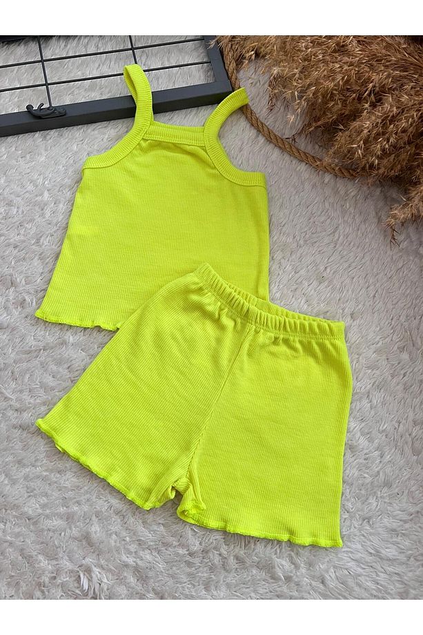 Neon Sarı Fitilli Ribana Bebek Crop Takım Alt-üst Yazlık Şort Takım - 1