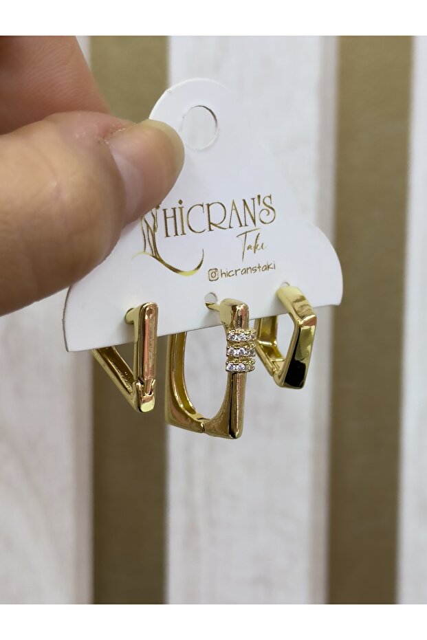 TAŞLI DİKDÖRTGEN MODEL ÜÇLÜ SET ÇELİK KÜPE - 6