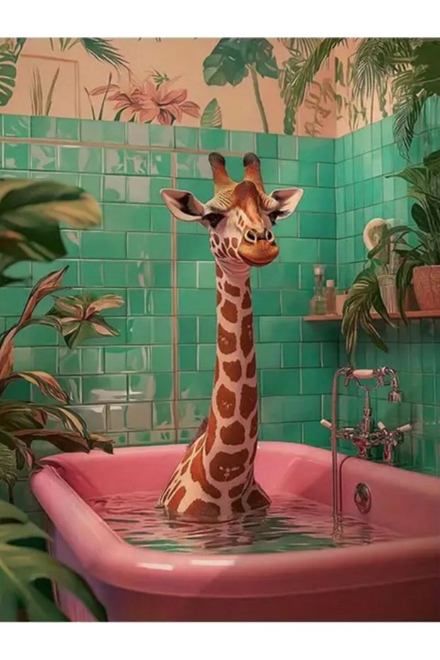 North Collection Giraffe Detailed Woven Base Modern Decorative Carpet in Bathtub Kuzey56
