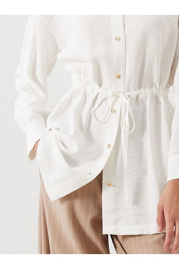 LCW Modest Ekru Bağcıklı Kadın Gömlek Tunik - 3