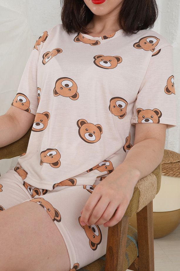 Yazlık Desenli Loose Crop Şortlu Pijama Takım - 4
