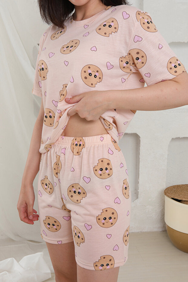 Yazlık Desenli Loose Crop Şortlu Pijama Takım - 5