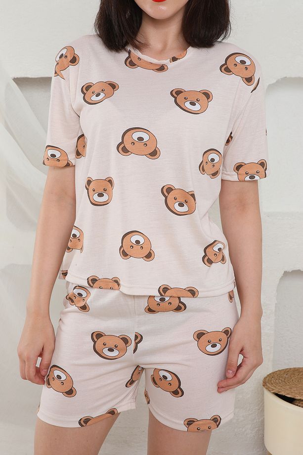 Yazlık Desenli Loose Crop Şortlu Pijama Takım - 3