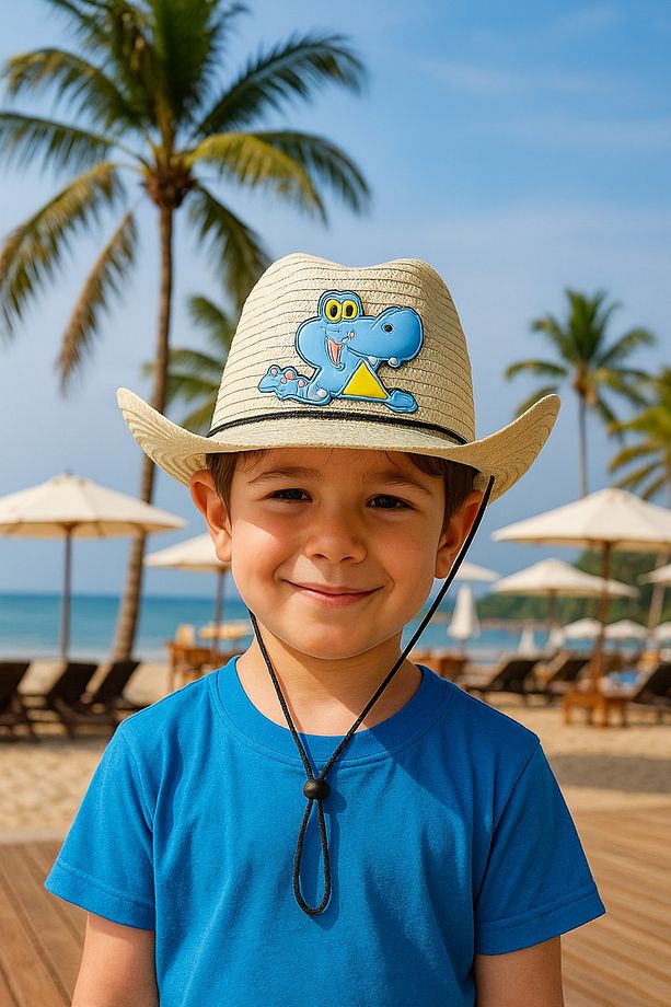 Çocuk Unisex Sevimli Timsah Desenli Yazlık Hasır Şapka (Kız/Erkek) - 1