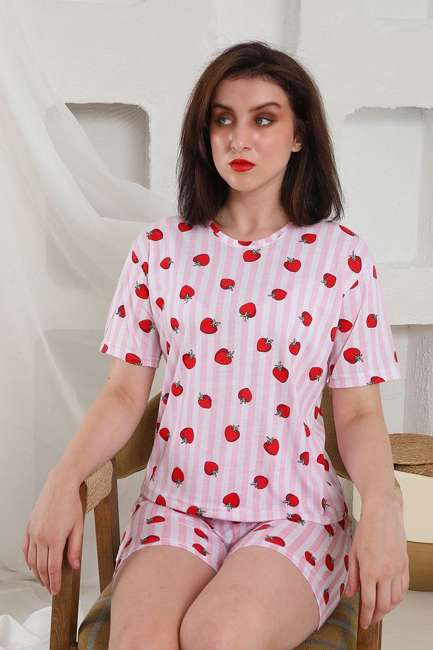 Yazlık Desenli Loose Crop Şortlu Pijama Takım - 3