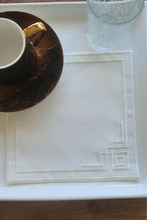 Corner Embroidered Linen Square Coasters Set of 6 Cream