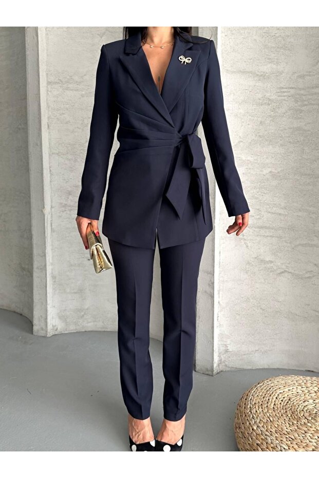 Double Blazer Suit with Crested Collar and Belt