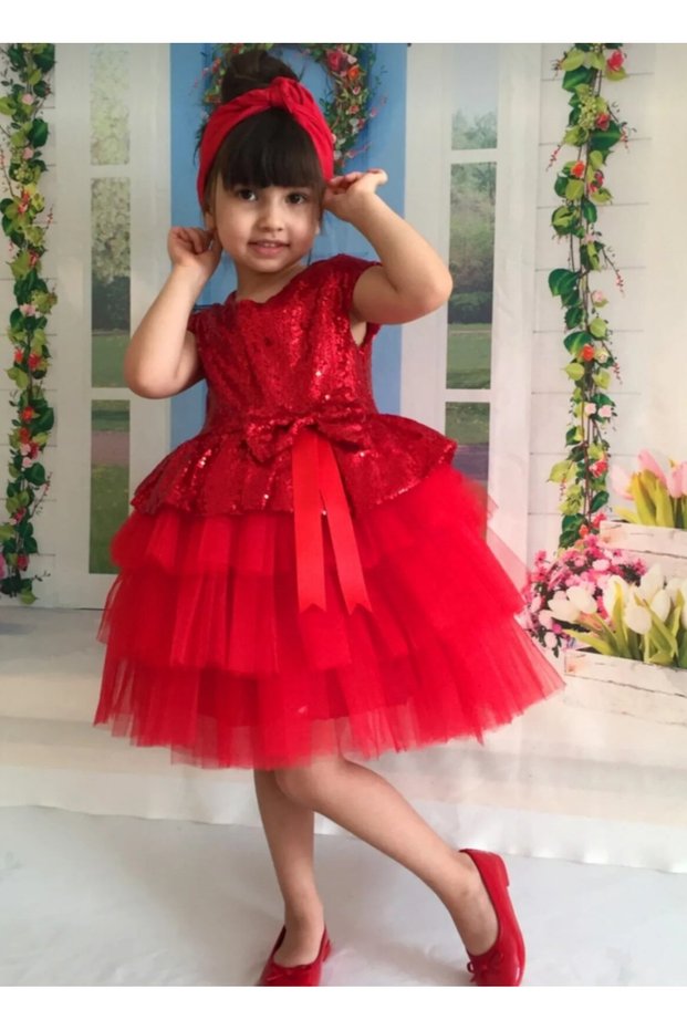 Red Tulle Sequins Girls Children Special Occasion Party Ball Prom Celebration Dress