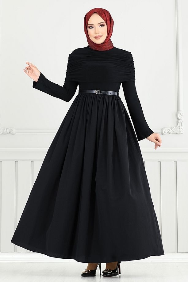 Drape Detay Tesettür Elbise 2421ANT904-M Siyah - 1