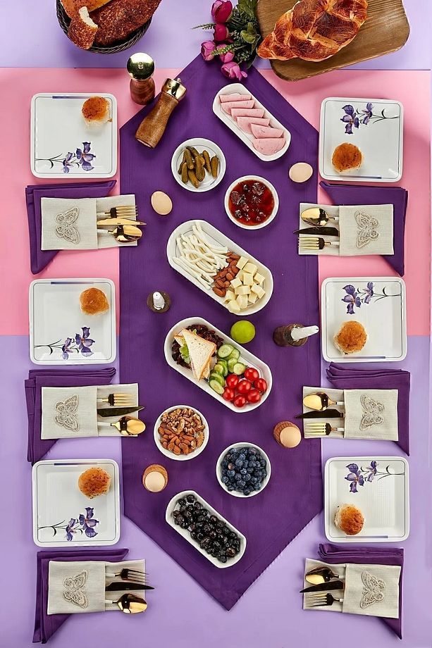 14 Parça 6 Kişilik Mor İris Desenli Kahvaltı Takımı Seti Kahvaltılık Sunum Pasta Tabağı - 3