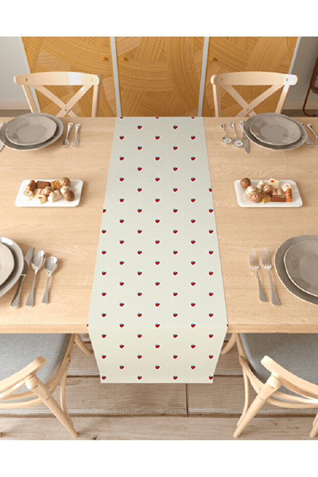 Strawberry Beige Cream Patterned Special Design Runner Digital Printed Decorative Tablecloth Stylish Home Decoration