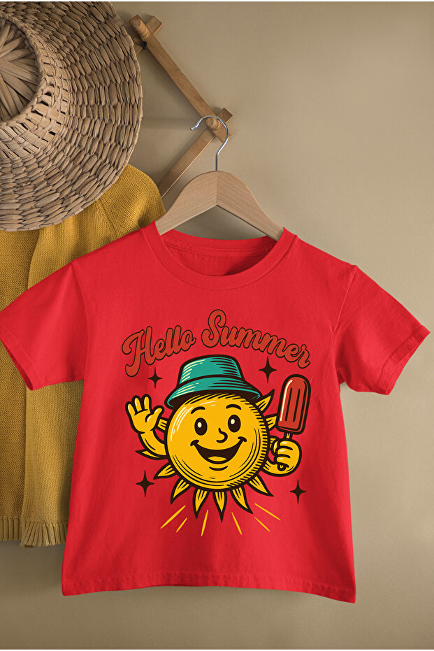 Hello Summer Printed Cotton Crew Neck Short Sleeve Youth and Children's Tshirt