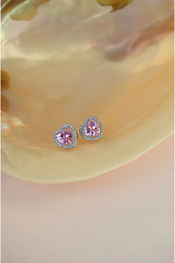 Pembe Zirkon Taşlı Kalp Küpe Kalp Model Küpe - 6