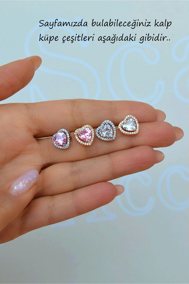Pembe Zirkon Taşlı Kalp Küpe Kalp Model Küpe - 9