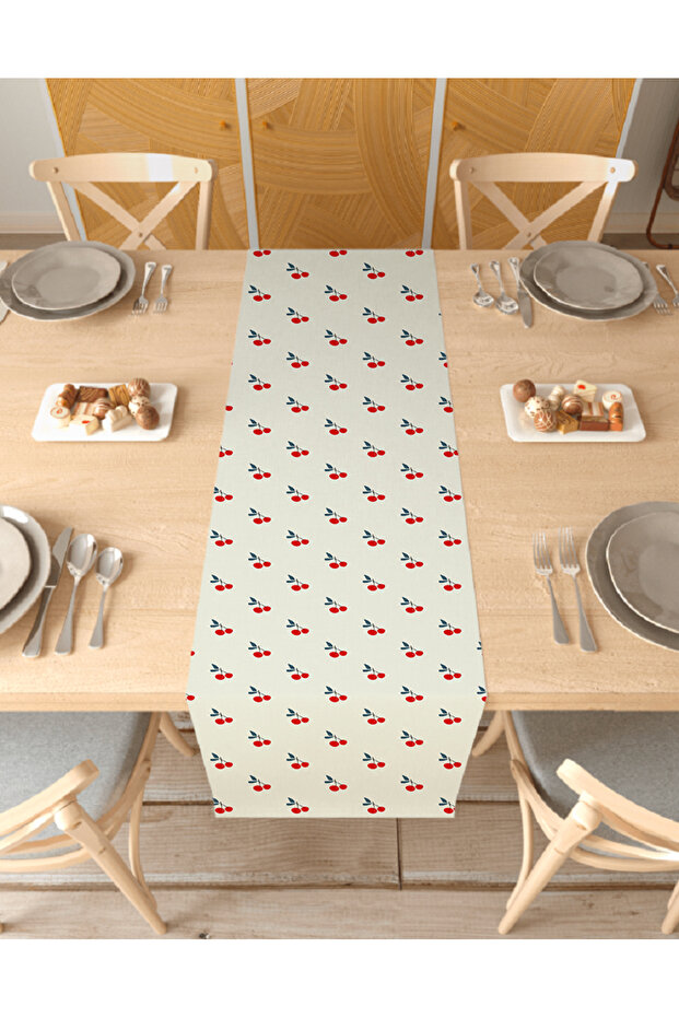 Cherry Cherry Beige Patterned Stylish Special Design Runner Digital Printed Decorative Tablecloth Home Decoration