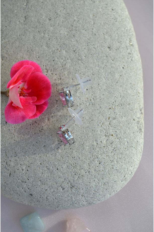 Pembe Zirkon Taşlı Kalp Küpe Kalp Model Küpe - 8