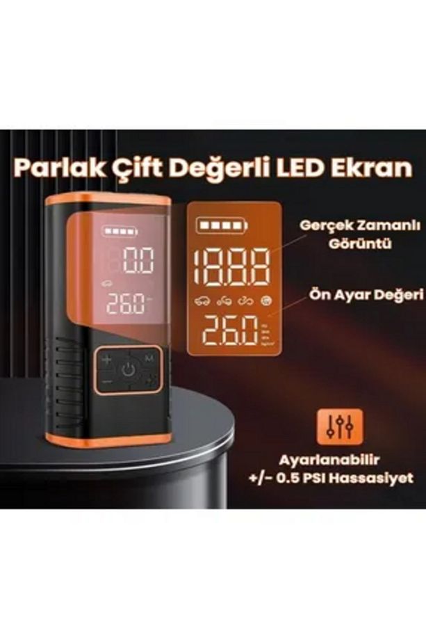Enshal Hava Kompresörü 5400mAh Şarjlı+Araç Çakmaklık Taşınabilir Araç Lastik Top Şişirme Pompası - 1