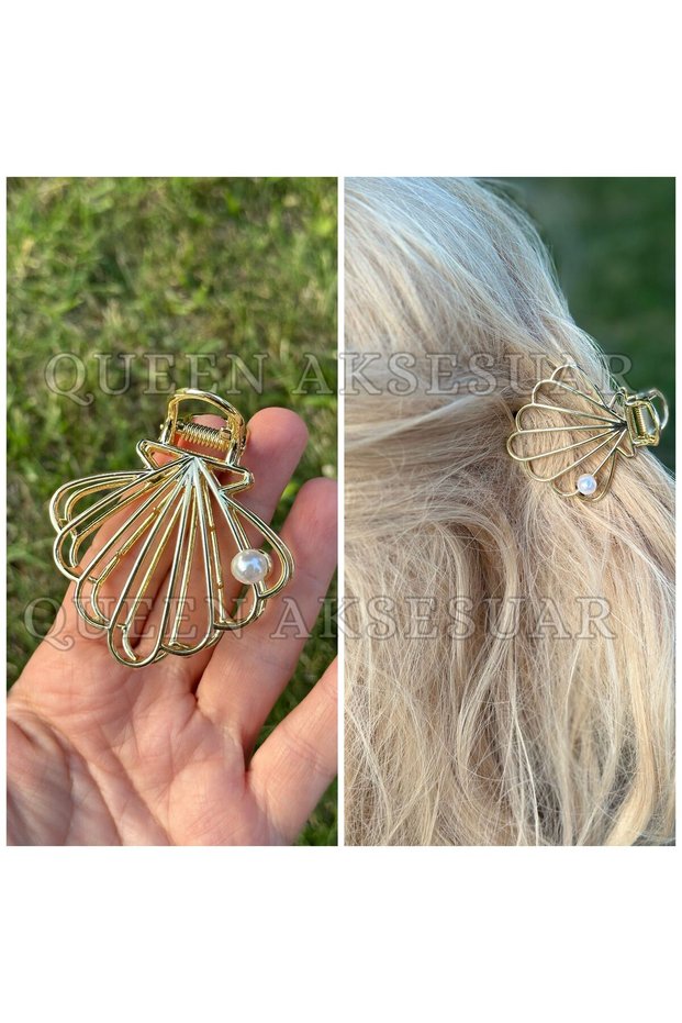 Trend Luxury Big Metal Pearl Shell Clam with Clothespin Buckle Gold Gold