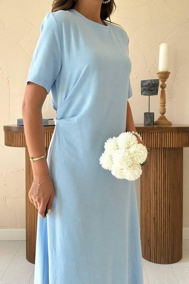 Baby Blue Pleated Crew Neck Dress