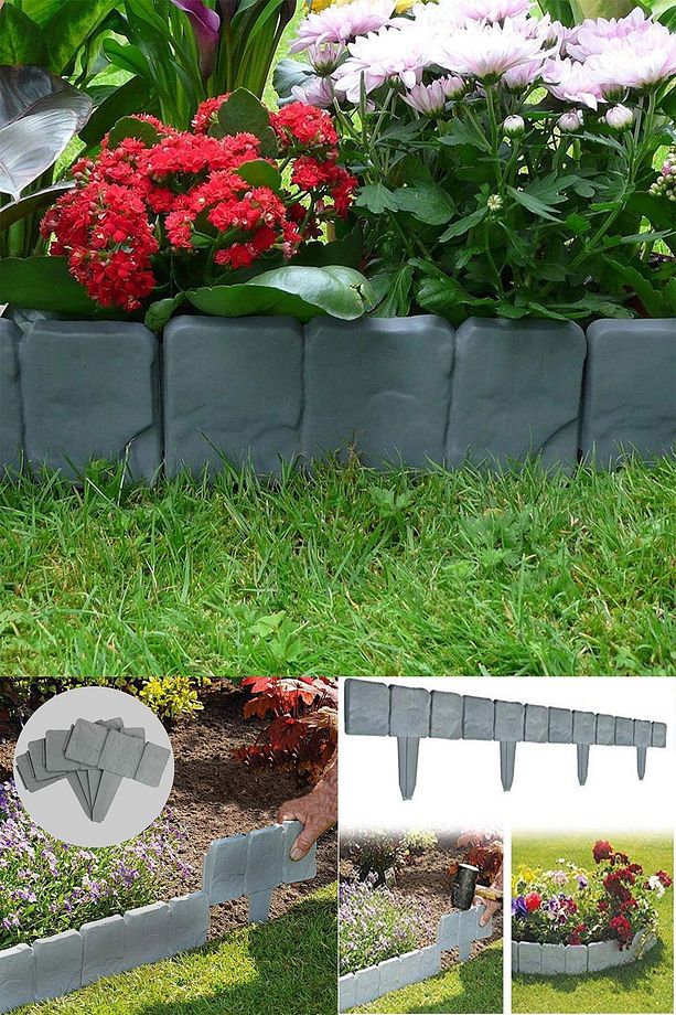 10 Adet Toprak Çim Sınırlarını Belirlemek İçin Taş Görünümlü Modüler Bahçe Kenar Çiti Panel Pratik - 2