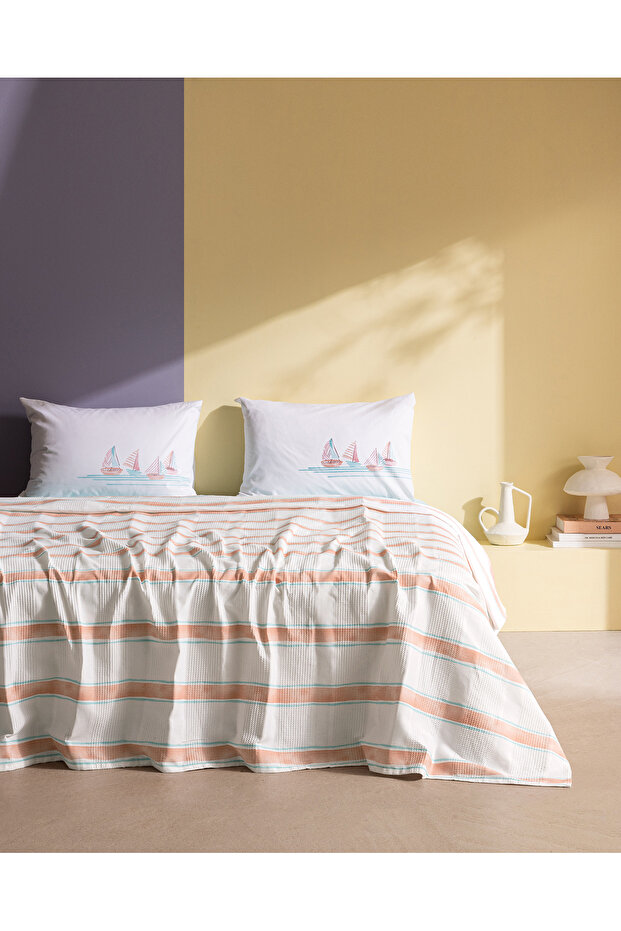 Simone Çift Kişilik %100 Pamuk Karde Baskılı Pike Takımı - Turuncu - 1