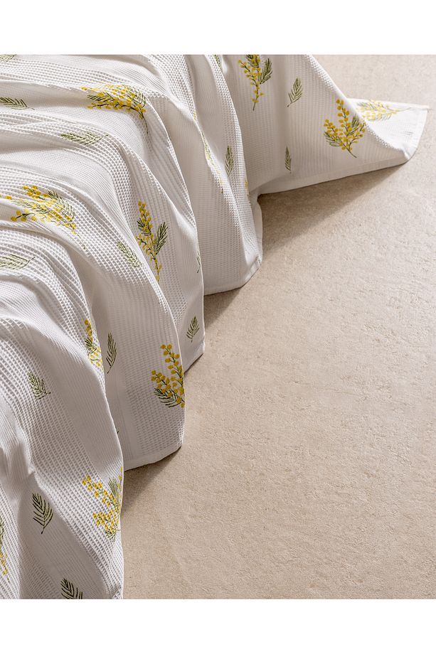 Yvette King Size %100 Pamuk Karde Baskılı Pike - Sarı - 4