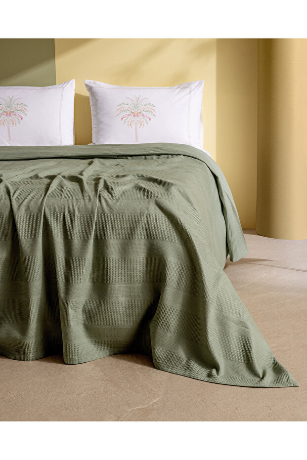 Mathilda Tek Kişilik %100 Pamuk Karde Düz Pike Takımı - Haki - 2