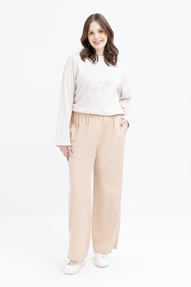 Beige-Large Size Wide Leg Linen Trousers with Elastic Waist