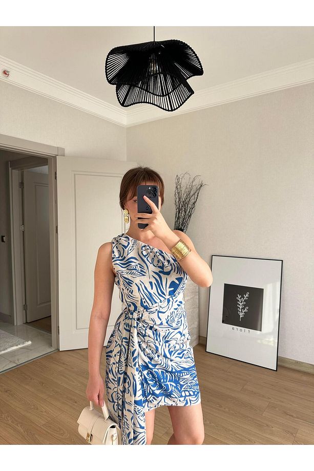Yaprak Desenli Tek Omuz Büzgülü Elbise Mavi - 3