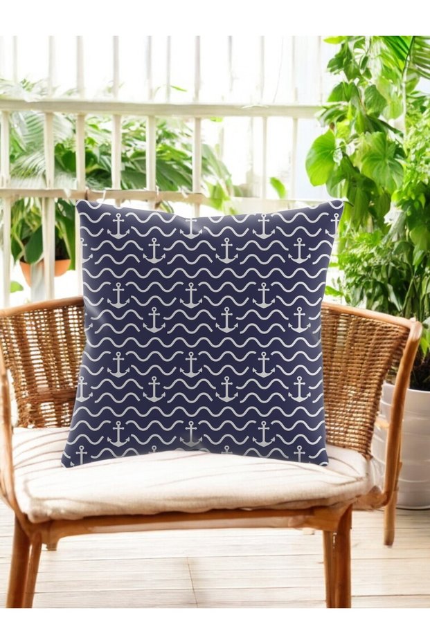 Smr Ship Anchor Patterned Modern Throw Pillow Decorative Cushion Soft Blue White Colored 43X43