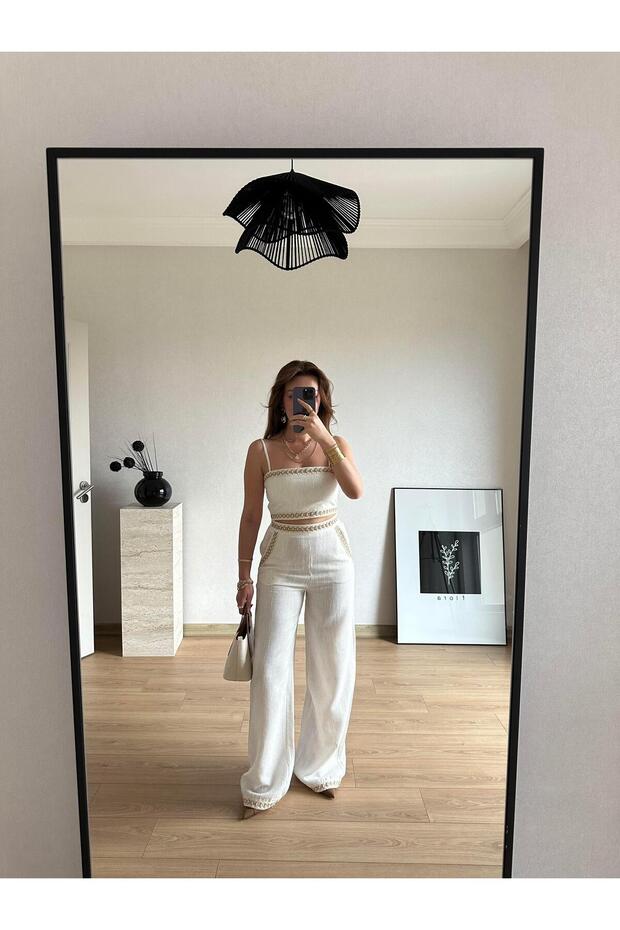 Şerit Detaylı Crop Bluz Ekru - 3