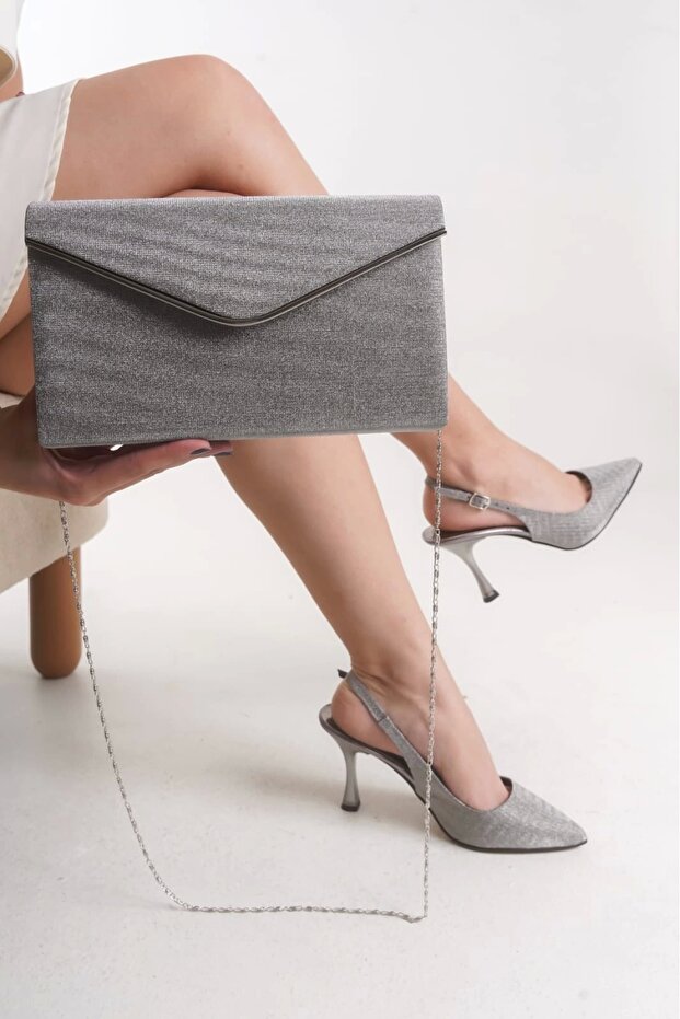Women's Pointed Toe Shiny Evening Shoes and Bag Platinum