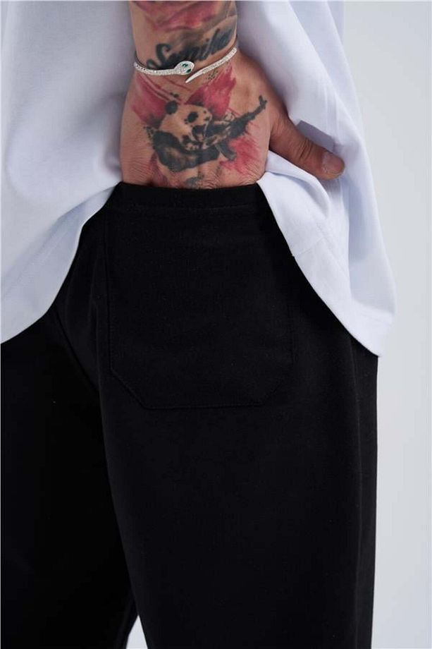 Oversize Basic Bel Paça Lastikli 3 Cepli Jogger Eşofman Altı BLACK - 4