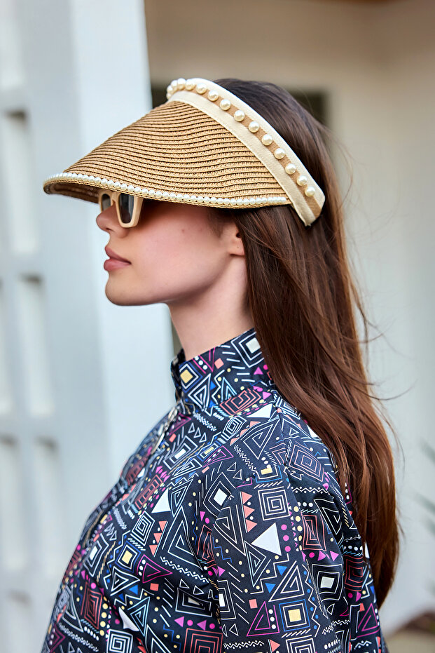 Pearl Detailed Visor Straw Hat Sunscreen Visor Rş-2088 Camel01