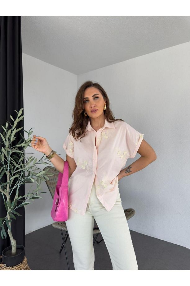 Pembe Çiçek Motifli Keten GÖmlek - 6