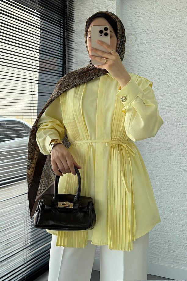 Pliseli Tasarım Poplin Tunik - Sarı - 5