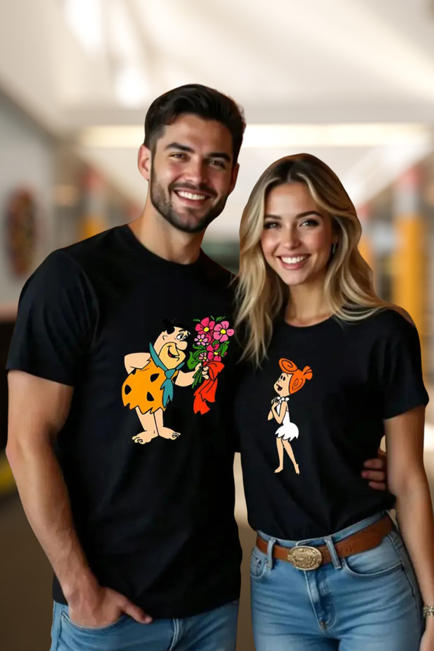 Flintstone Themed Lover Couple Combination Unisex Black T-Shirt