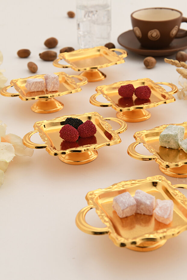 Giallo's Gold Set of 6 Sugar Bowl Turkish Delight Bowl Snack Bowl Coffee Side Presentation Bowl Decorative Square Bowl with Handles