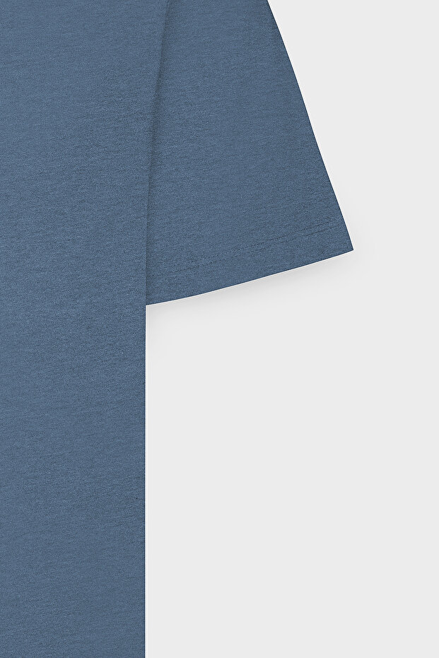 Erkek Indigo Melanj Pamuklu Slim Fit Dar Kesim Bisiklet Yaka Basic Tişört - 13