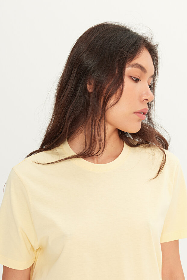 Erkek Sarı %100 Pamuk Slim Fit Dar Kesim Bisiklet Yaka Basic Tişört - 8