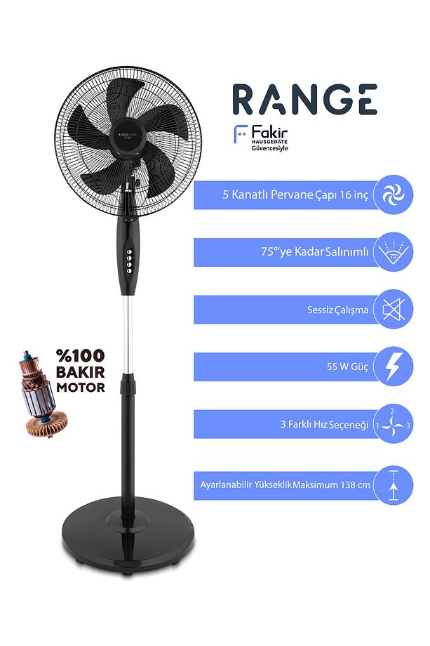 Vantilatör 3 Farklı Hız Ayarı, 5 Kanatlı Pervane, Ayarlanabilir Yükseklik, 55W - SF 1655 - 2