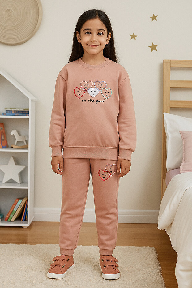 Gül Kurusu Pamuklu Kalp Baskılı Örme Kız Çocuk Sweatshirt ve Eşofman Alt-Üst Takım TKDAW25AU00077 - 2