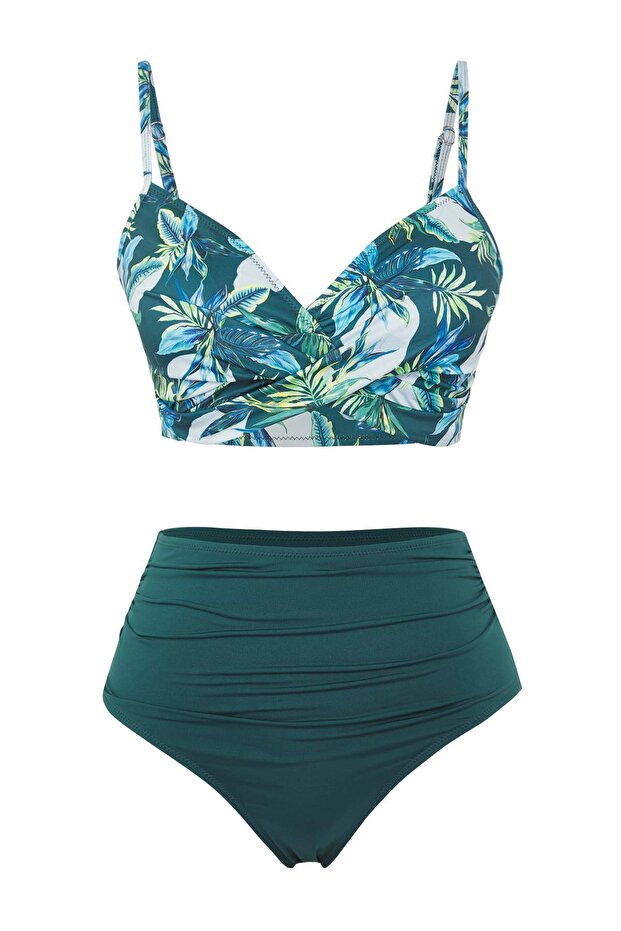 Çiçek Desenli Drapeli Üçgen Kaplı Hipster Yüksek Bel Bikini Takımı TBESS25BT00202 - 5