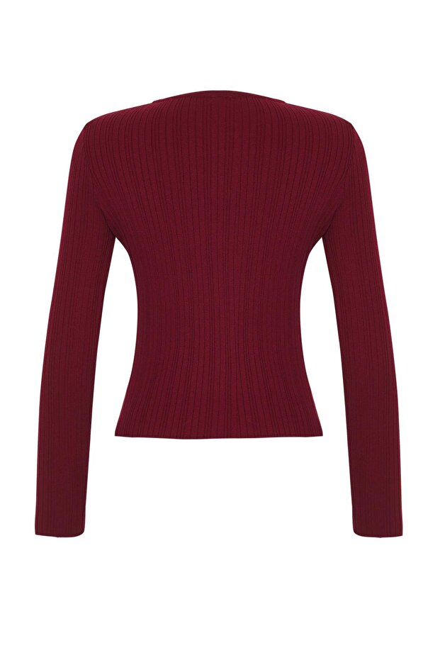 Bordo 2'li Fitilli Premium/Özel İplikli Yumuşak Dokulu Triko Hırka-Bluz Takım TWOAW26HI00003 - 8